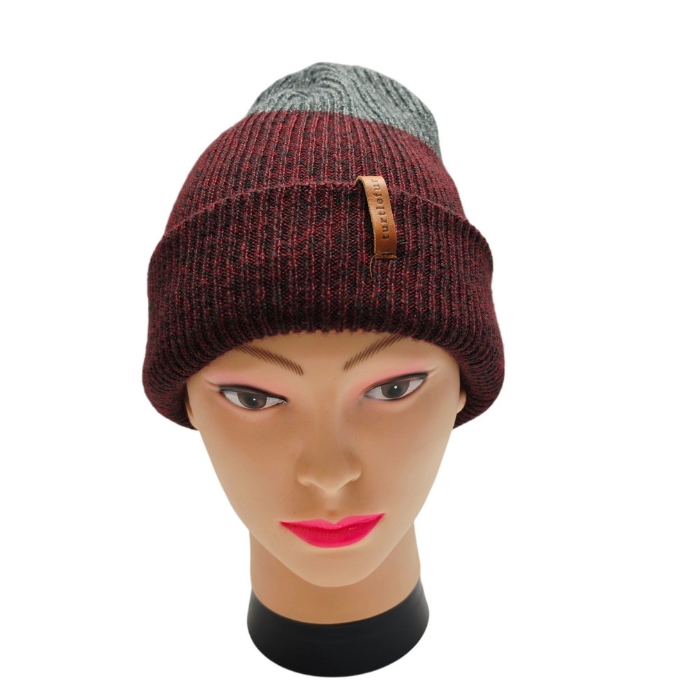 Turtle Fur Beanie Burgundy Grey Colorblock Fleece Lined Knit Cuffed Winter Hat